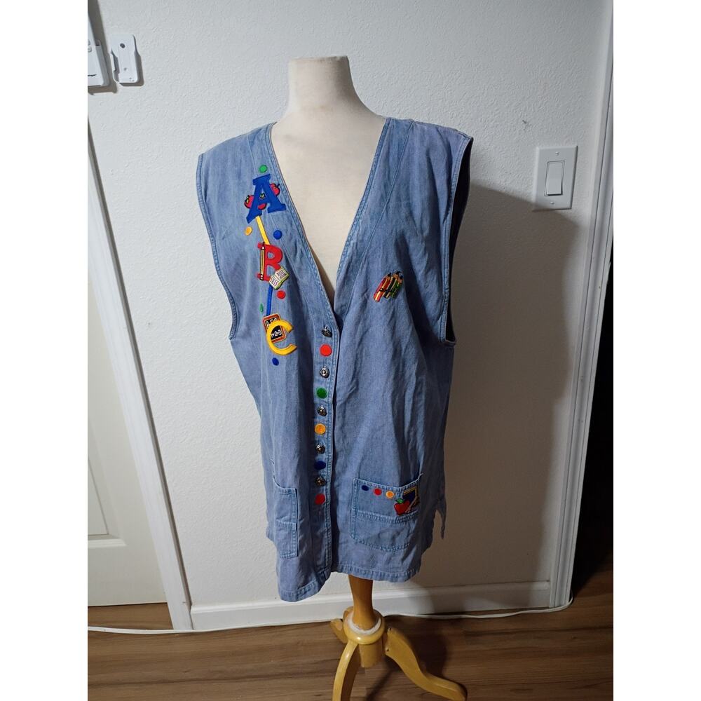 Peter Joseph Sleveless Denim Vest School Suplies Embroidery XL (Perfect Teacher)